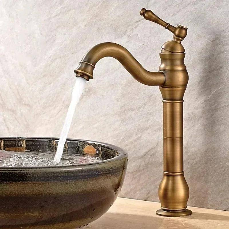 Keramisk Antik Koppar Blandare Badrum 360° Svängbar Enkelhålsblandare Retro Lång Hals Blandningsdiskblandare Matchande Pop-up Avlopp gyllene