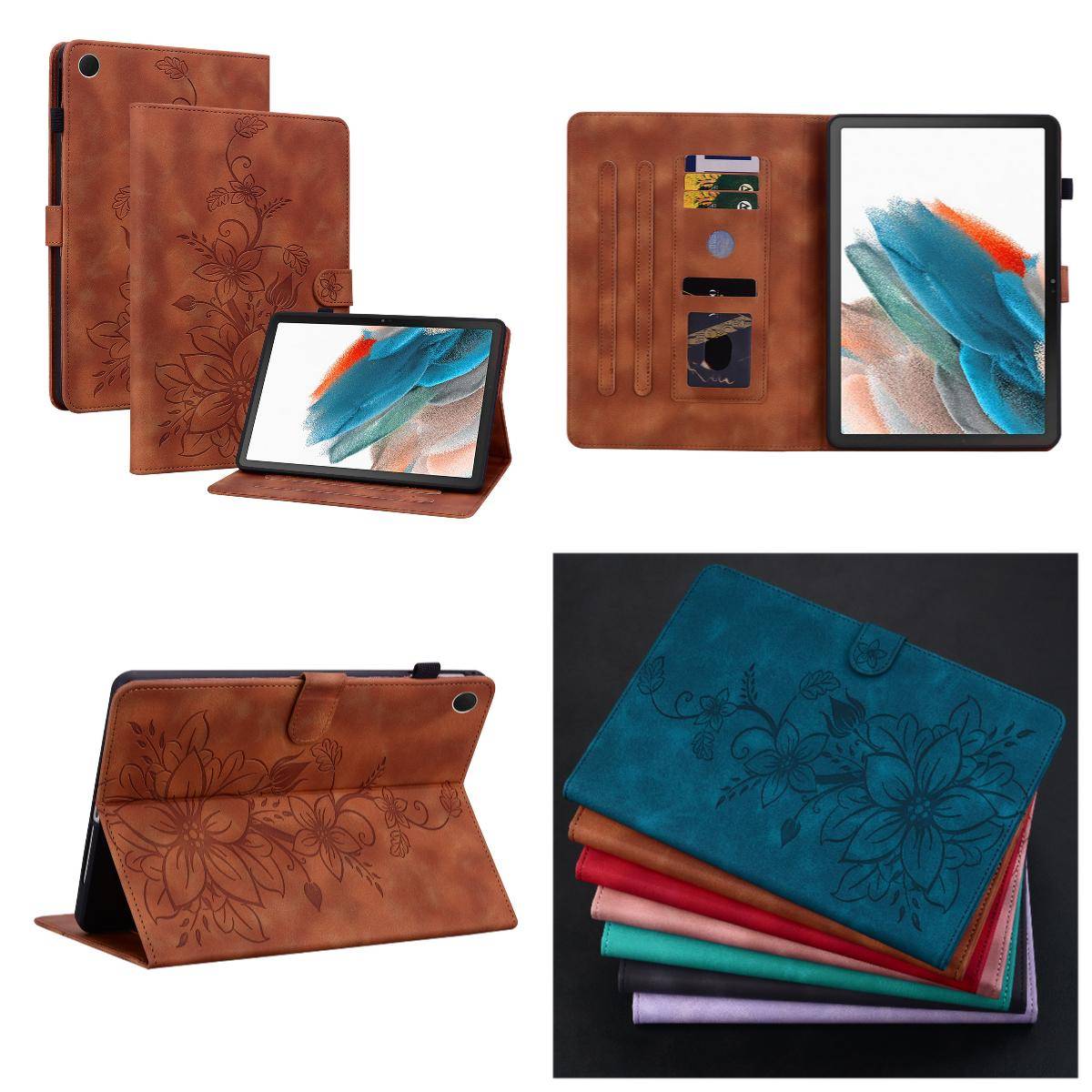 För Samsung Galaxy Tab A8 10.5 (2021) (SM-X200;SM-X205).Utsökt PU-läderfodral med blommig präglad design till surfplattan grön