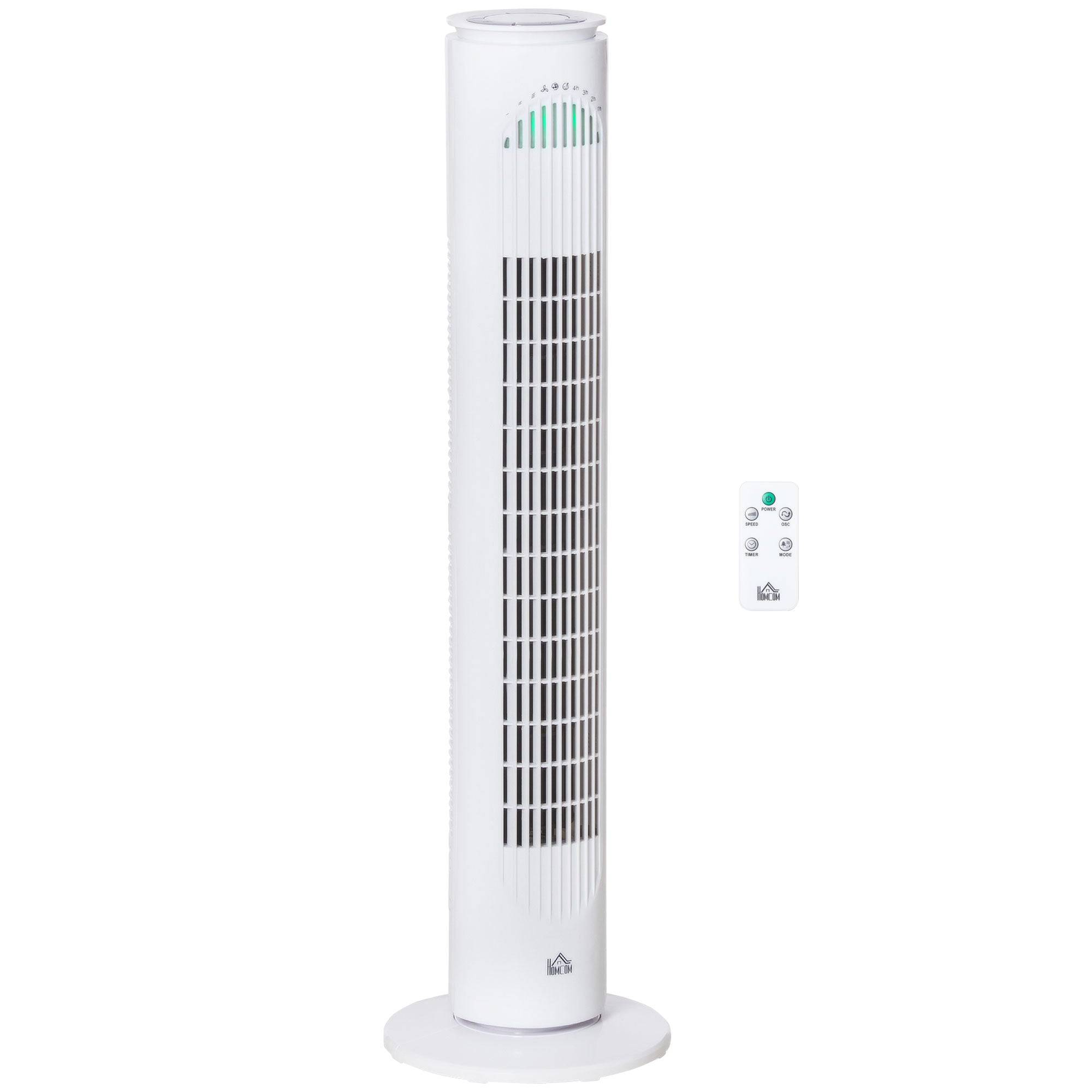 HOMCOM 30'' Freestanding Tower Fan, 3 Speed 3 Mode, 10h Timer, 70 Degree Oscillation, LED Light, 5M Remote Controller, White