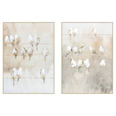Skandinavisk Fugl Maleri - Hvid Beige Grå med Guld Accenter - 103 x 4,5 x 143 cm (Sæt af 2)