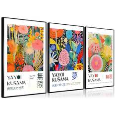 YAYOI Kusama väggdekor, 3 stycken abstrakt botanisk japansk konst för väggdekor, klassiska Tokyo foton, estetiska skyltar för badrum, kök, galleri, vardagsrum