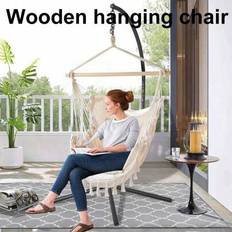 1st Vit/Svart Hängmatta + Stativ i massivt trä + 2 kuddar + Bärande rep Utomhus Trädgård Panorama Hängmatta Hängstol Swing Tofs Hängmatta Löstagbart j - Multifärgad (Beige100*120cm/39.37*47.24in,Mörkgrå 100*120cm/39.37*47.24in)