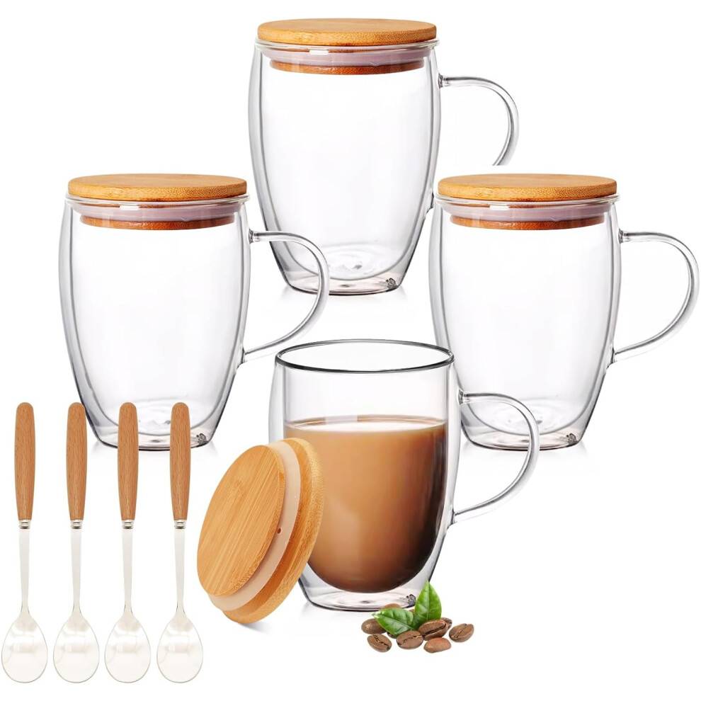 4-pak 12oz dobbeltvæggede glaskaffekrus med bambuslåg og ske – kompatibel med latte, cappuccino, espresso