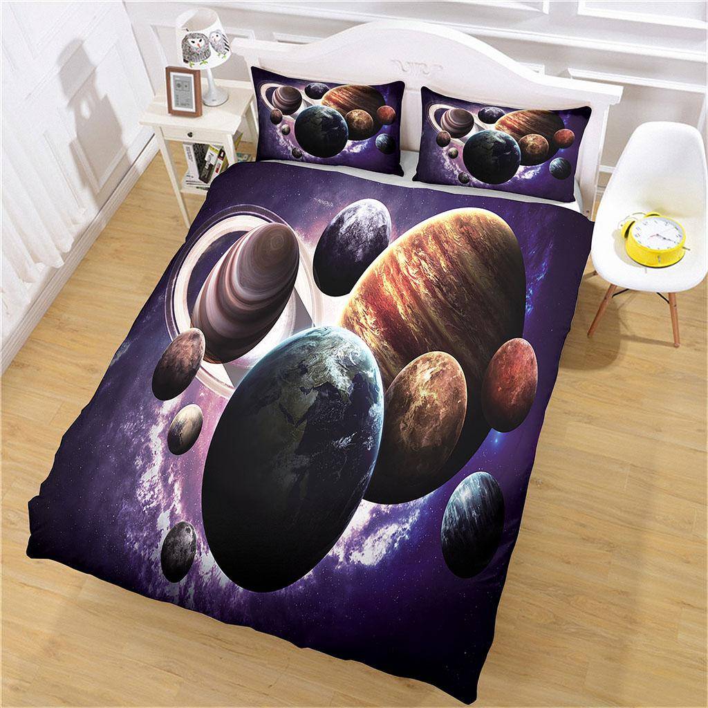 Kosmisk Solsystem Planet 3D Sängkläder Set För Barn Pojkar Flickor Täcke Set 1 Påslakan Och 2 Örngott Mjukt Enkelt Dubbelt W200xL220cm