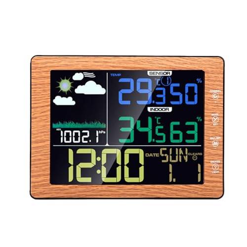 Jectse Digital Trådlös Väderstation Inomhus Utomhustermometer Hygrometer med Färgdisplay Klocka Kalender 3 Justerbar Ljusstyrka Röststyrning Bakgrundsbelysning för Hemmakontor
