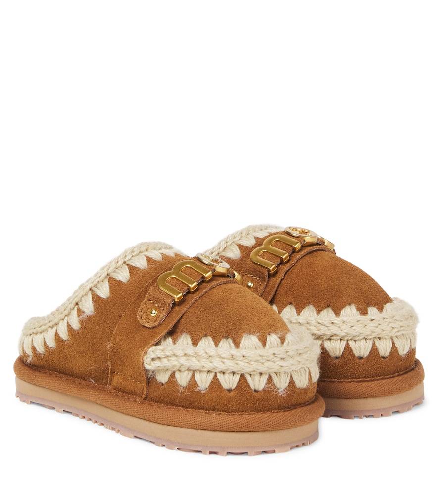 Mou Kids Logo shearling-lined suede slippers