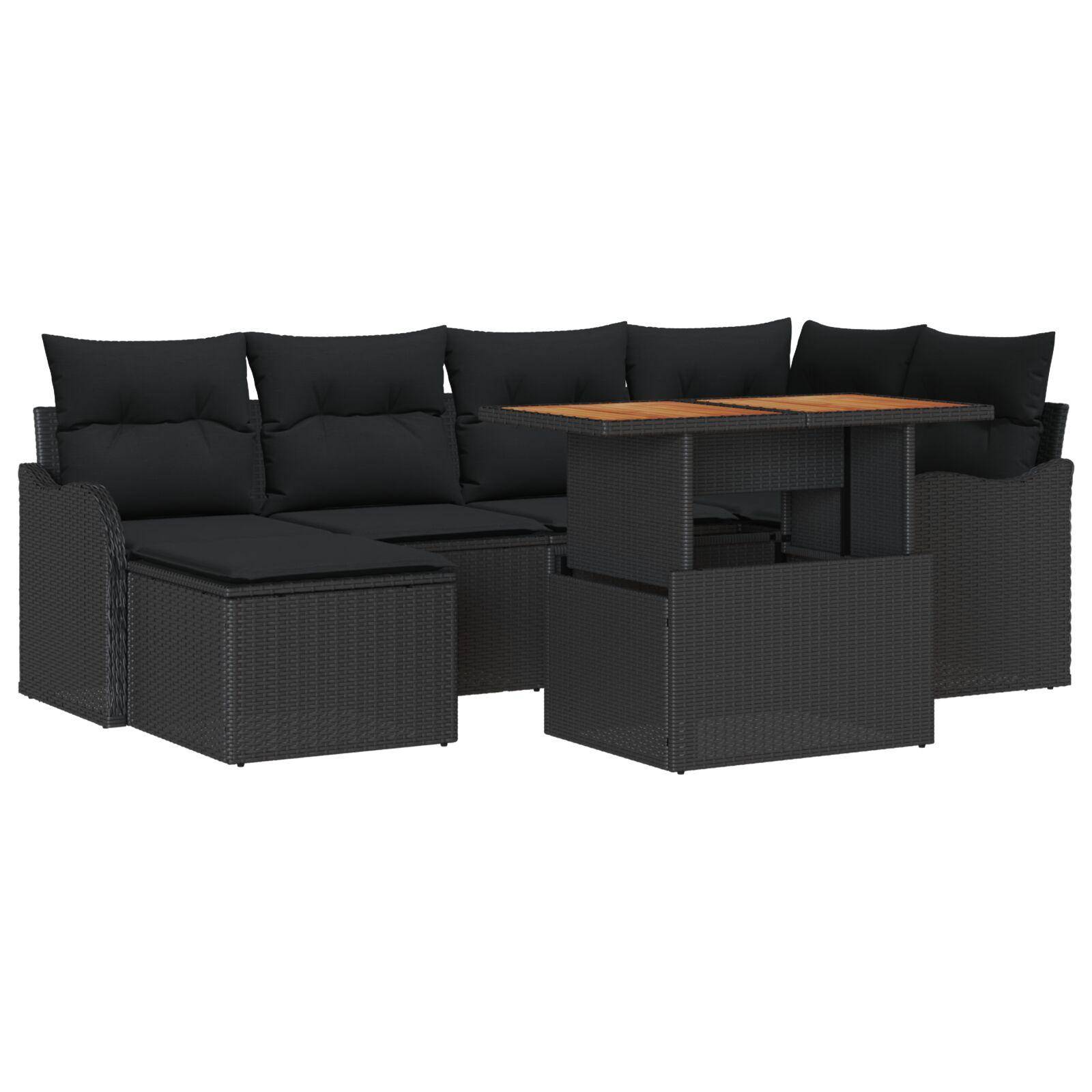 Havesofa sæt 7 stk sort i polyrattan med puder og opbevaring