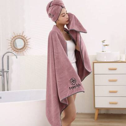 Damhandduk i korallfleece, mjuk och absorberande, extra stor, 89 x 19 cm / badmössa 23 x 61 cm - Röd bönpasta broderi 2-delad set (Multi-size)