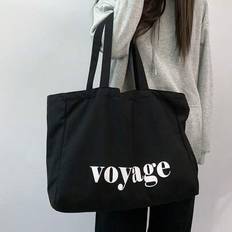 Stor kapacitet, minimalistisk tygväska med bokstavstryck och yogamotiv, axelväska för studenter, unisex - Vitt