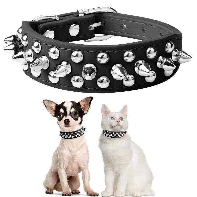 Justerbar Läder Hundhalsband Halsrem Tillbehör Punk Nitad Spikad Hundhalsband Husdjurshalsband för Små Hundar Katter svart