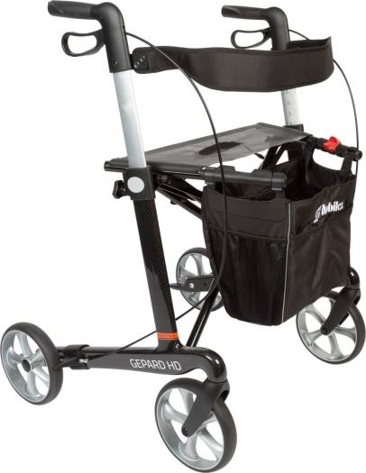 Gepard kulfiber rollator - Heavy duty med softhjul, grå/sort.