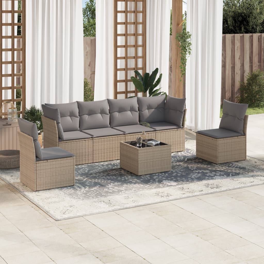 vidaXL Matgrupp för trädgården med dynor 7 delar beige konstrotting