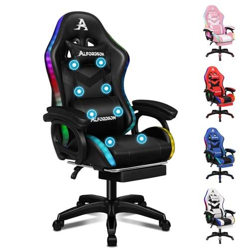 ALFORDSON RGB LED Gamer-Stuhl Massage Gamer Stühle Racing PC-Gaming-Sessel Bürostuhl ergonomisch Schreibtischstuhl Fußstützen, 180 kg belastbar, 90-150° Neigungswinkel, Schwarz