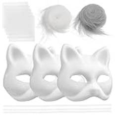 Gadpiparty 1 Set Blanka Kattmasker Termisk Mask Pappershantverksmasker Pysselmaskerad Mask Med Syntetiskt Hår Och Nät Halloweenmask Djurmask Sminkboll Rollspelsfest
