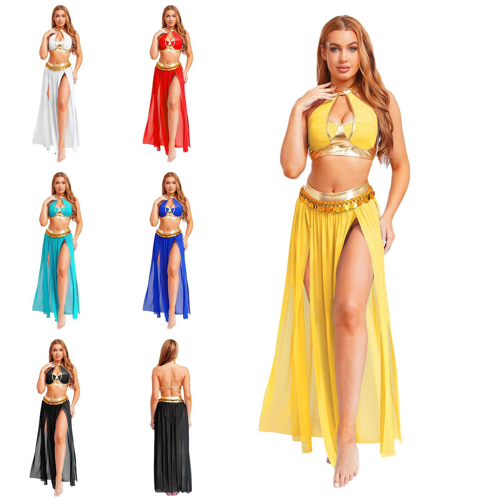 Magdans Kostymset - Metallisk Splicad Halter Crop Top & Paljettfrans Meshkjol för Fest cm svart