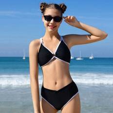 Teen Girls Retro svartvita sömmar Hjärtformade ihåliga Bikini Badkläder Set - Svart och Vitt (14Y,13Y,16Y,15Y)