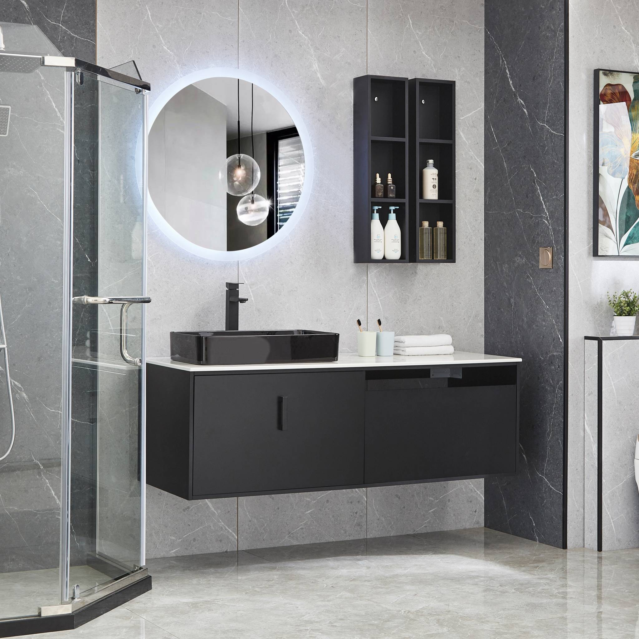 Badrumspaket 150cm | Marmorerad bänkskiva | LED-spegel