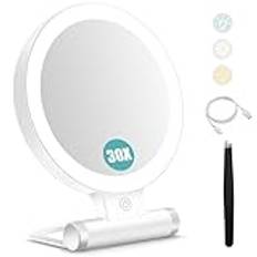 B Beauty Planet förstoringsspegel med ljus 30X, dubbelsidig 1 x 30 x förstoringsspegel med pincett, 2 000 mAh 3 färglägen med justerbar ljusstyrka, vikbar kompakt resespegel