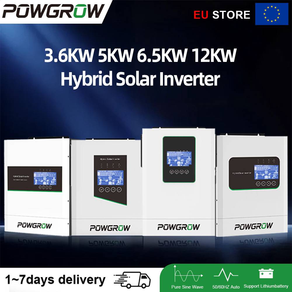 POWGROW 3.6KW 5KW 6.5KW 12KW Solar Hybrid Inverter Pure Sine Wave 450VDC Inversor MPPT Charge Controller Off Grid With WIFI BMS