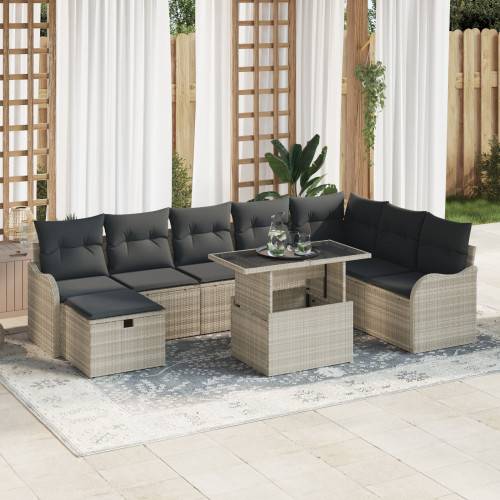 Trädgårdsoffset med kudde med lagring 9 pcs Ljusgrå Poly rattan