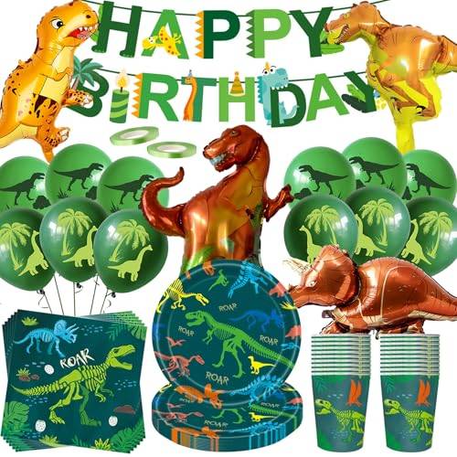Dino Geburtstag Deko Set,80 Stück Dinosaurier Partygeschirr mit Große Dino Folienballon Partyzubehörset,Dinosaurier Pappteller Tassen Servietten banner Luftballon Jura Party Deko 20 Gäste
