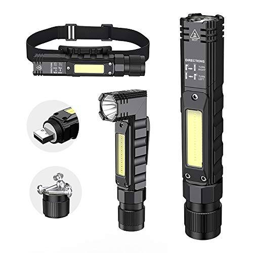 Bärbar 800 lumen USB-uppladdningsbar taktisk ficklampa, 90 graders roterande, magnetsvans, IPX4 vattentät LED-ficklampa 5 lägen, COB arbet för camping, utomhus, läsning