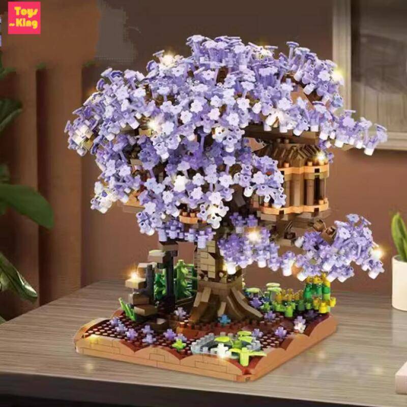 Litet Blomträdshus Byggklossar Tåg Med Ljus Diy Modell Stadsgatuvy Blomsterklossar Leksaker för Barn Julklappar red