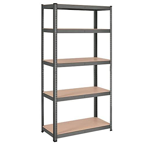 5-trins Reol, Stålreol til Opbevaring, Værktøjsfri Enhed, til Garage, Skur, Bæreevne 875 Kg, 40 X 90 X 180 Cm, Grå
