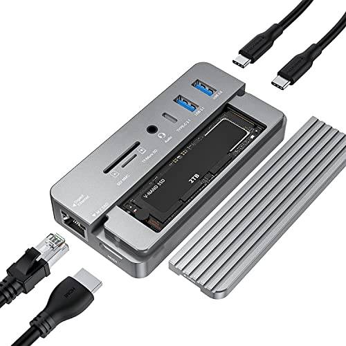 USB-C Hub med hårddiskhölje, 10-i-1 USB C-hubb adapter med M.2 SSD externt hårddiskhölje, 4K HDMI, USB 3.0, SD/TF-kortläsare, 100 W PD kompatibel med bärbar dator, iPad (grå)
