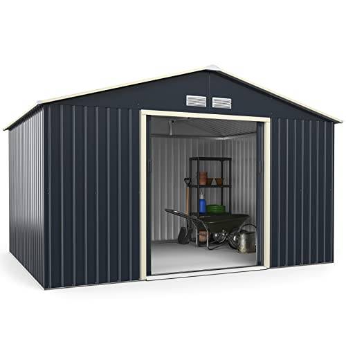 COSTWAY Redskapsbod i metall, 340 x 255 x 210 cm, låsbart verktygsskjul med 4 ventilationsspringor och skjutdörr, trädgårdsbod för gräsklippare och cyklar, metallskjul för utomhusbruk