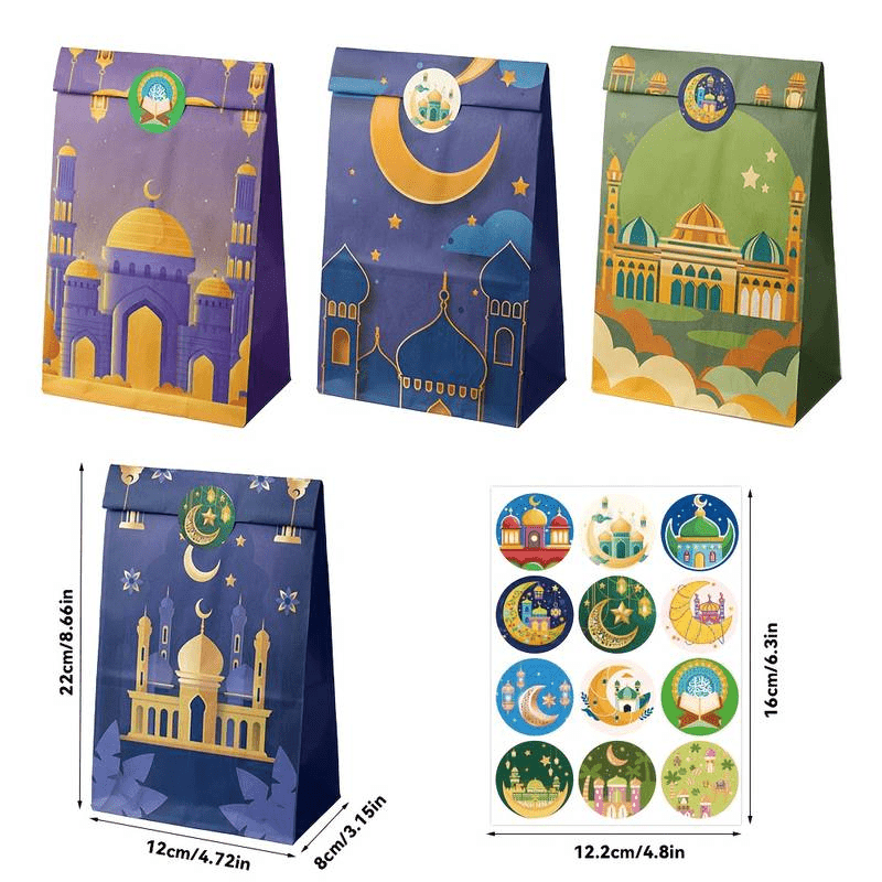 TEMU Gift For Her/him 13pcs Ramadan Eid Al-fitr Star-and-crescent Flat- Bags | 4 Styles, Includes Stickers For Gift Packaging, Sizes Over 4.5x2.5 Inches