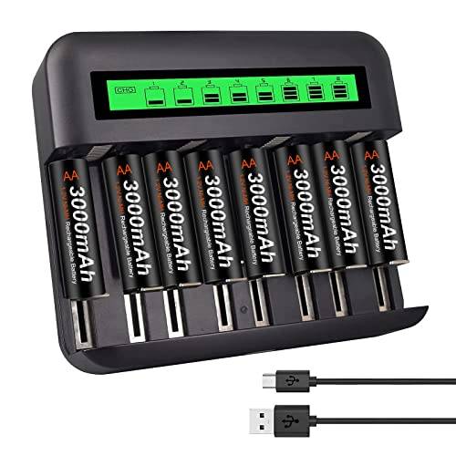 CITYORK AA AAA C D laddare med 8 stycken 3000mAh uppladdningsbara AA-batterier, högkapacitetsbatteri och laddare set 18 månaders garanti