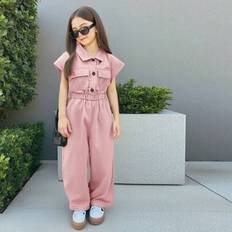 Enfärgad vävd jumpsuit för tweenflickor med nedfällbar krage, kort knappslå och dubbla fickor - Babyrosa (8Y,9Y,10Y,11Y,12Y)