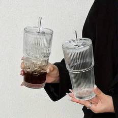 1 st Randig glaskoppset med sugrör och lock - 20,29 Oz/600 ml, visuellt tilltalande drickskopp av glas, lämplig för kaffe, te, whisky, mjölk, is-ameri - Genomskinlig (600ml)