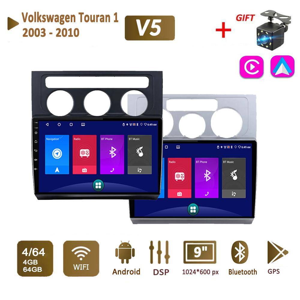 Android Bilradio Stereo för Volkswagen Touran 1 2003-2010 2 Din Multimedia Carplay Navigation Autoradio GPS WIFI Huvudenhet 4+64GB