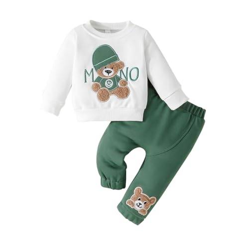 LUVCES Barn Pojkar Långärmad Bokstäver Tryckt Söt Broderad Björn Sweatshirt + Byxor 2 st Kostym Vårklänningar Höst, C:Grön björn med bokstäver, 18-24 M�nader