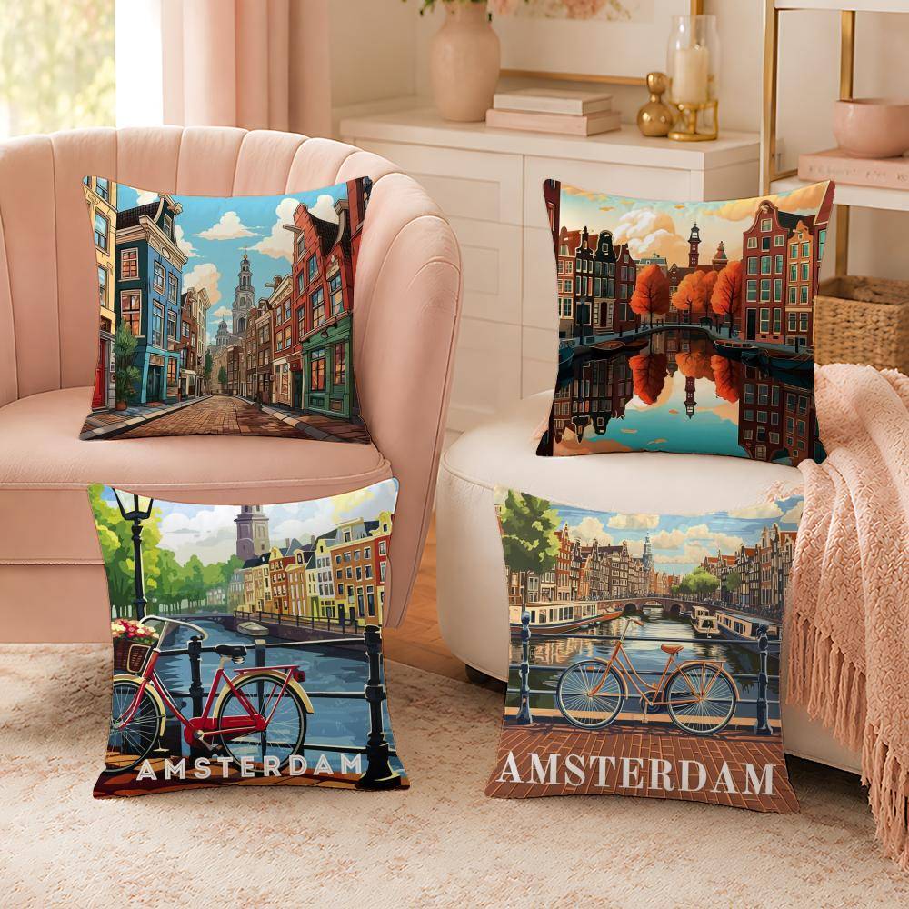 Amsterdam Nederländerna Kuddfodral Ekologisk Kort Plysch Kuddfodral Andningsbara Tvättbara Rynkbeständiga