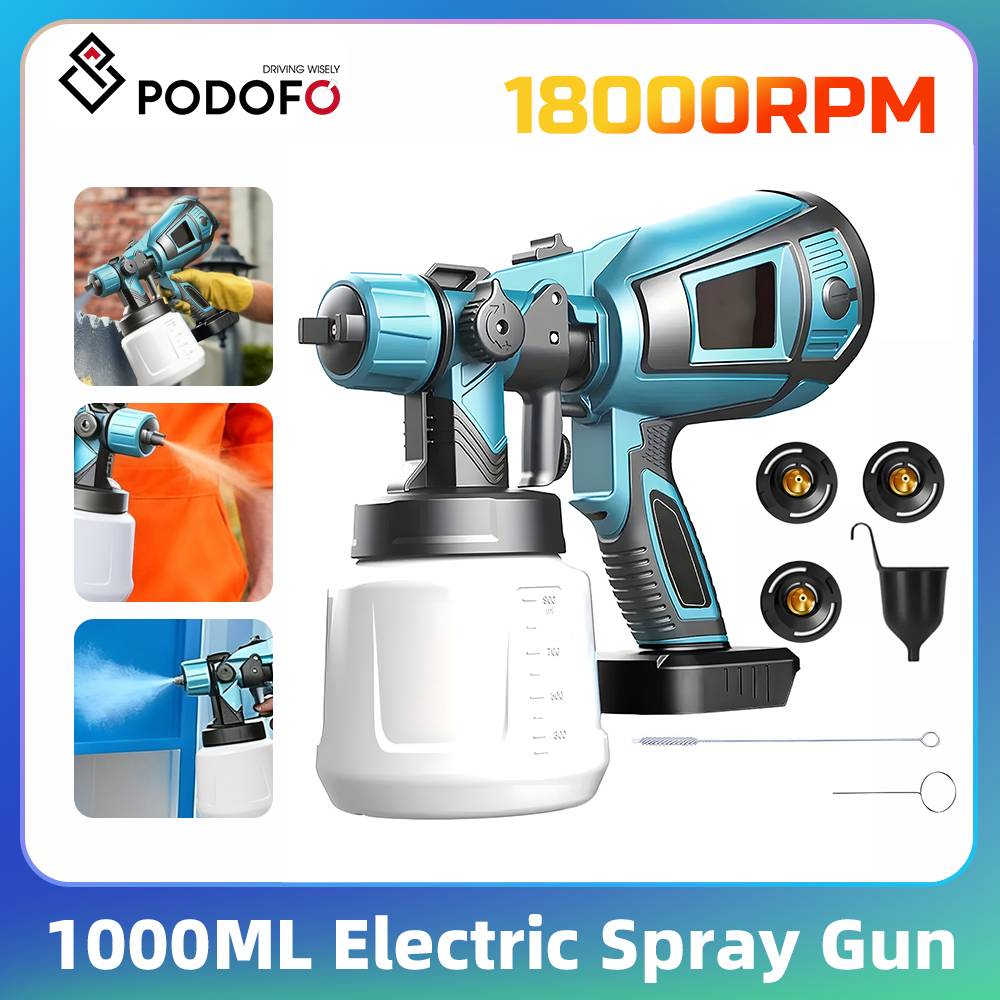 Podofo High-Speed Electric Spray Gun 18000 RPM Electric Sprayer 3 Spray Modes 1000ML Cordless Paint Sprayer Auto Furniture Steel Coating
