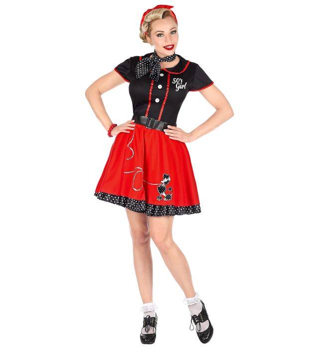 Sort og rødt 50'er kjole kostume med puddel motiv - 4 dele.