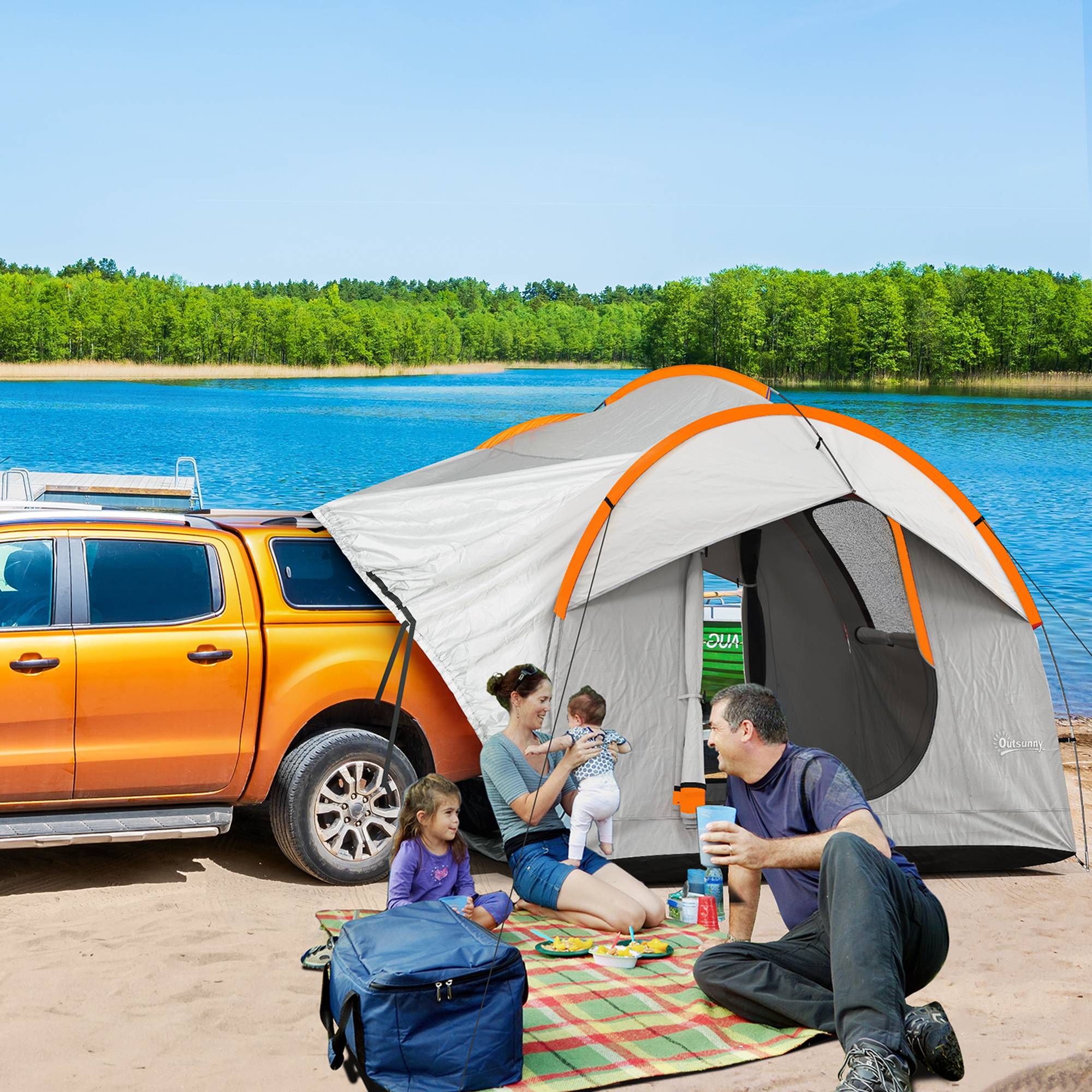 Bagtelt, bilkupeltelt til 6 personer med 3 døre og vinduer, bagklapstelt til campingvogne og SUV'er lavet af polyester, lysegrå