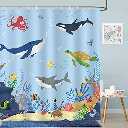 Bonhause Havsduschdraperi för barn under havet delfin fisk blå badrumsgardin 180 x 180 cm vattentät mögel- och mögelbeständig polyestertyg duschdraperi med 12 krokar