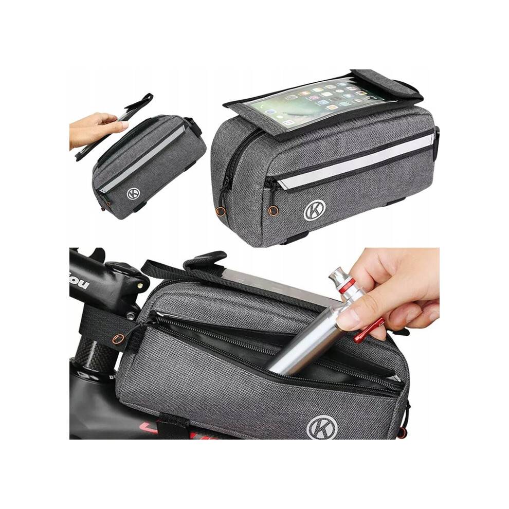 Cykeltaske til ramme med smartphone-etui, grå, to rum