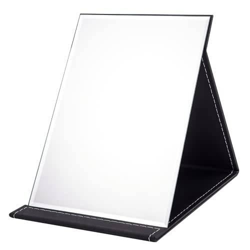 WISYOK Resespegel vikbar bordsspegel med flera stativvinkel, hopfällbar, svart PU-läder, super HD sminkspegel, handspegel, kompakt kosmetisk spegel – 21 x 15 cm