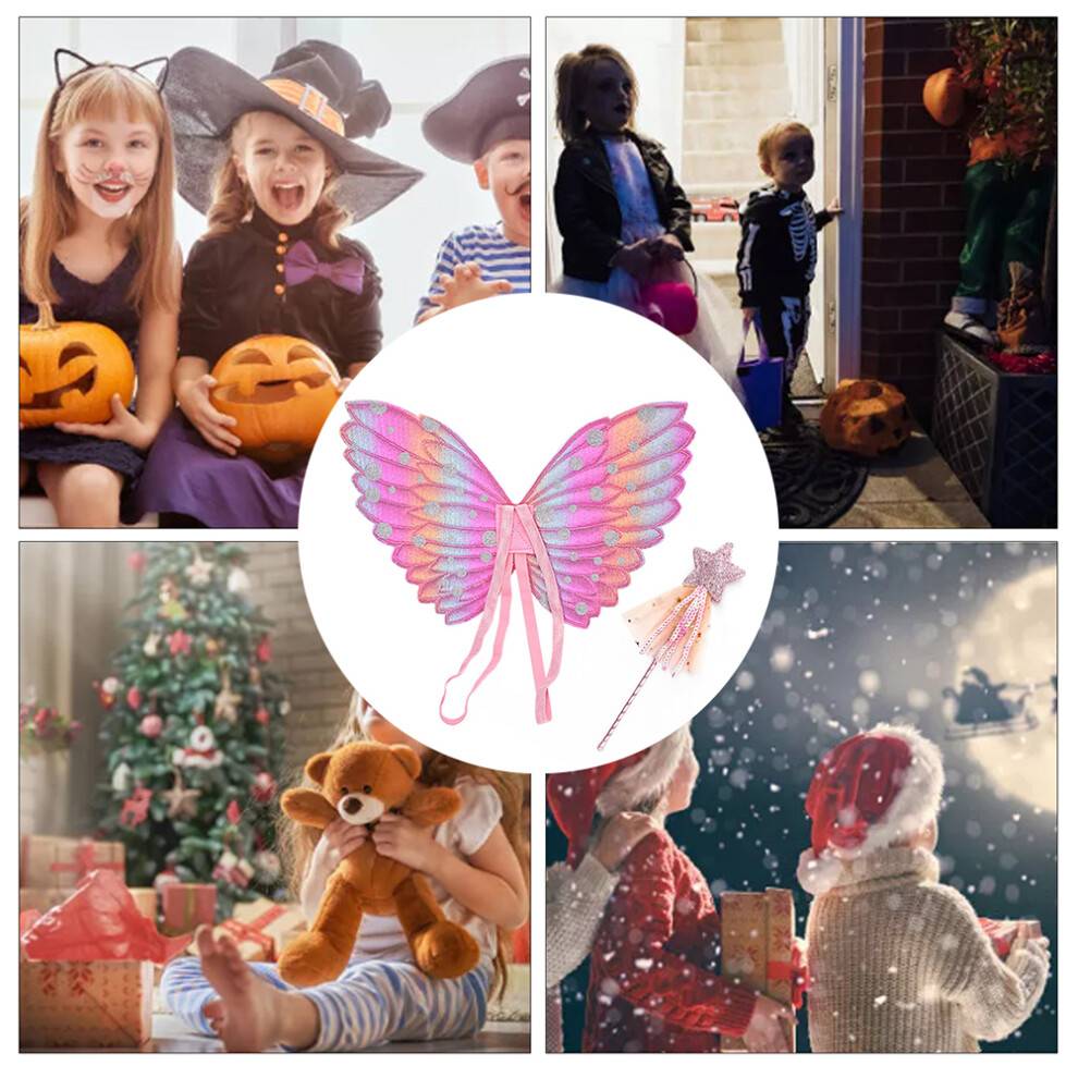 2 stk. jule-halloween-pigekostumesæt med farverig sommerfuglestjernestav til udklædningsfest til børn