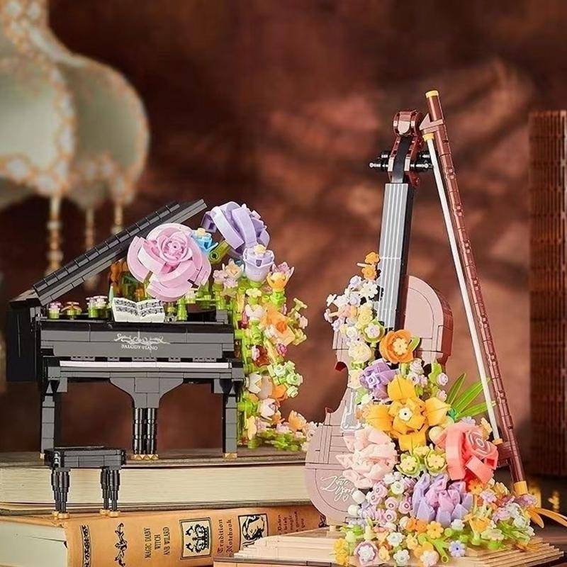 Piano Tegelstenar Violin Musikinstrument Blomma Byggklossar Mini Med Ljus Heminredning Julklapp Leksaker För Barn Vuxna beige