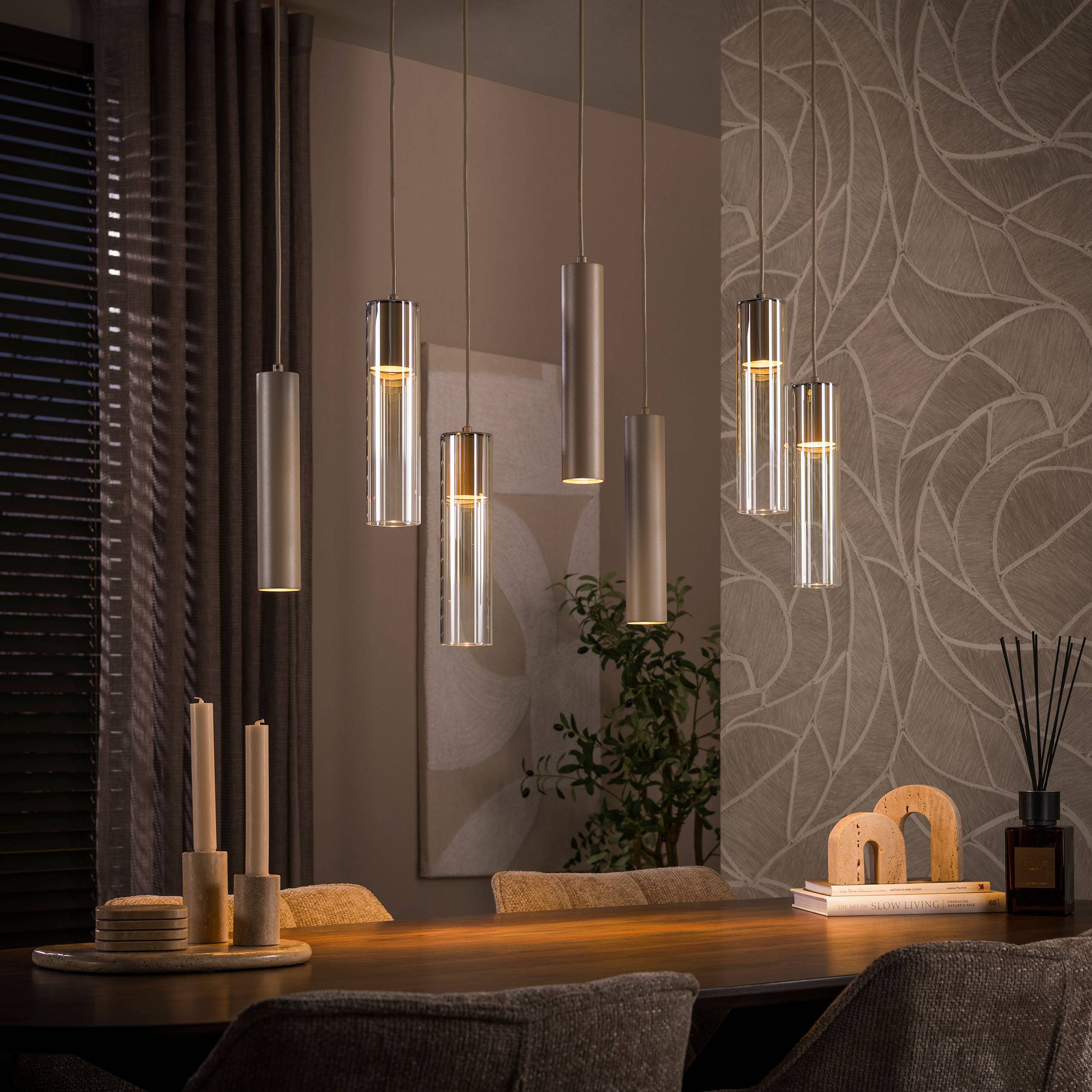 Cala - Loftlampe med syv skærme i beige metal og ravfarvet glas Levering med pære(r)