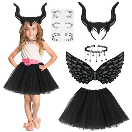 ACWOO Teufel Kostüm Mädchen, Malefi-cent Kostüm Mädchen, 5 Stück Königin Hörner Kostüm, Maleficent Karneval Kostüm Mädchen, Halloween Kostüm Damen Teufel für Halloween Karneval Fasching Cosplay Party