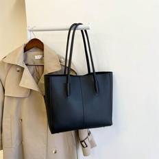 Solid Color Light Luxury Pu Leather New Fashion Tote Bag With Unique Design And High-End Look, Minimalist Style Women BagSchool Bag,Back To School Bac - Black