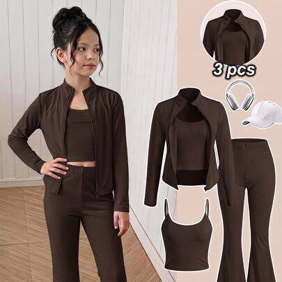 Barn- och tweenflickor ytterkläder matchande set, avslappnad långärmad topp-t-shirt och byxor, 3-delat set, höst/vinter-outfitset - Brun (7Y,8Y,9Y,10Y,11Y,12Y,13Y)