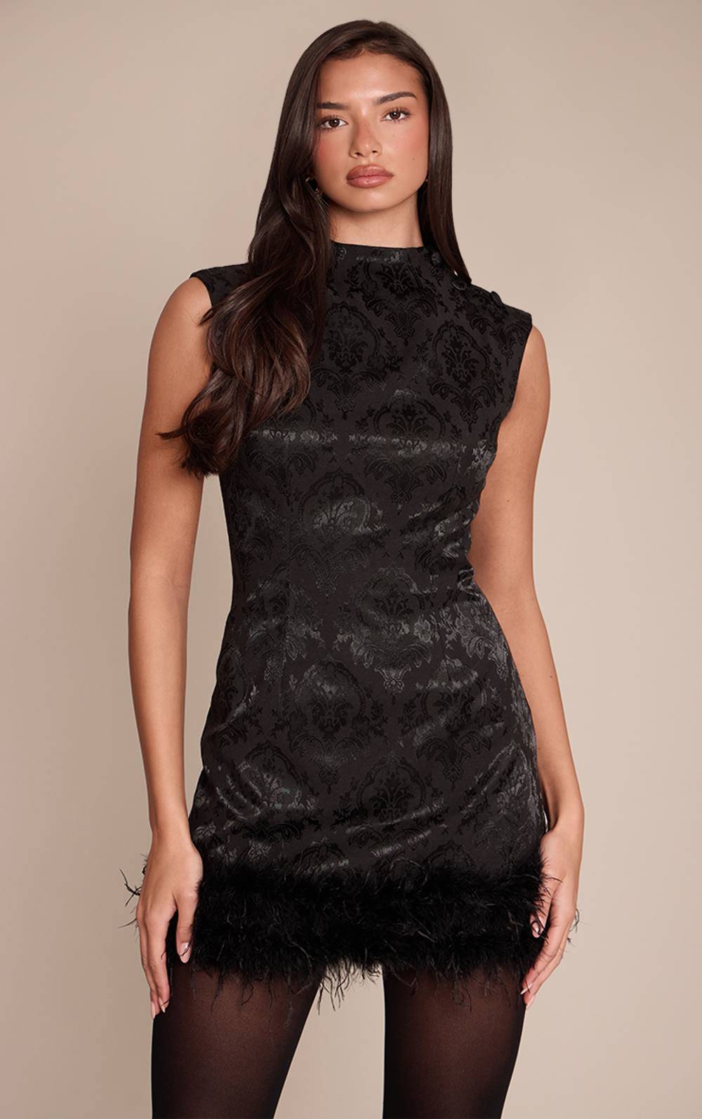 Black Jacquard High Neck Cap Sleeve Mini Feather Trim Dress - black - 12